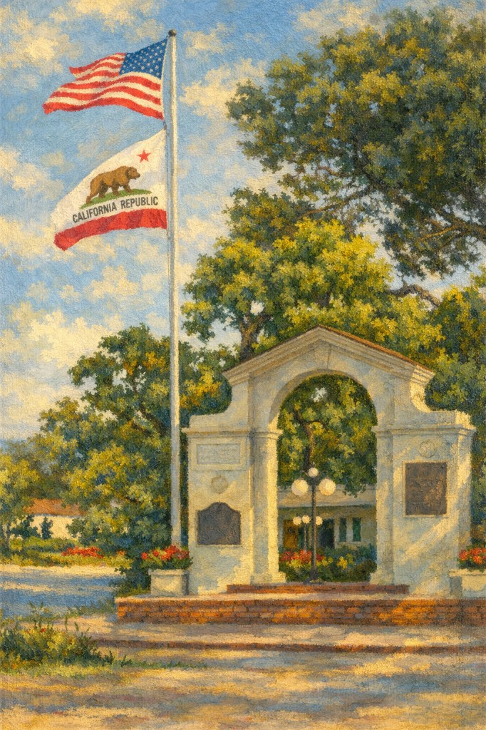 Painting of the World War I Memorial Arch and flags at Blaney Plaza, Saratoga